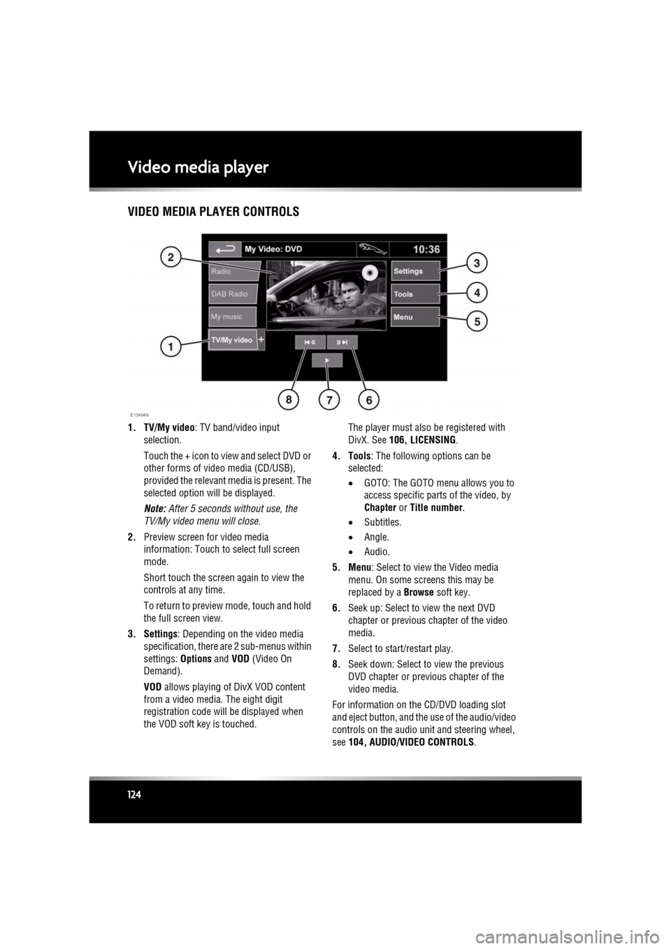 JAGUAR XF 2010 1.G Owners Manual L
(FM8) SEMCON JLR OWNER GUIDE VER 1.00 EURO
LANGUAGE: english-en; MARQUE: jaguar; MODEL: XF
Video media player
124
Video media playerVIDEO MEDIA PLAYER CONTROLS
1. TV/My video : TV band/video input JAGUAR XF 2010 1.G Owners Manual L
(FM8) SEMCON JLR OWNER GUIDE VER 1.00 EURO
LANGUAGE: english-en; MARQUE: jaguar; MODEL: XF
Video media player
124
Video media playerVIDEO MEDIA PLAYER CONTROLS
1. TV/My video : TV band/video input