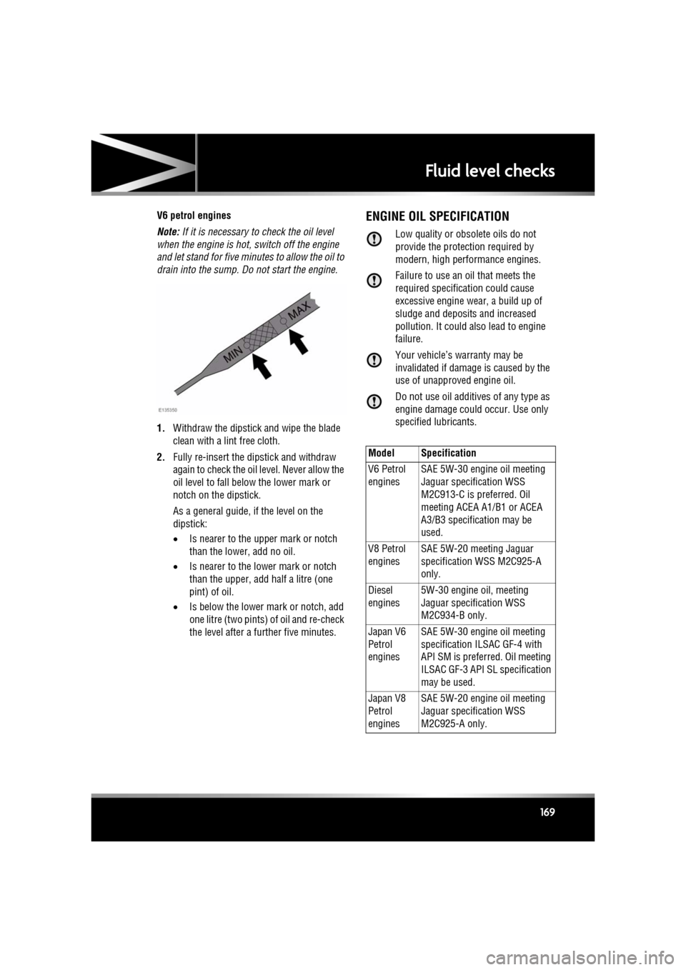 JAGUAR XF 2010 1.G Owners Manual R
(FM8) SEMCON JLR OWNER GUIDE VER 1.00  EURO
LANGUAGE: english-en; MARQUE: jaguar; MODEL: XF
Fluid level checks
169
V6 petrol engines
Note:  If it is necessary to check the oil level 
when the engine