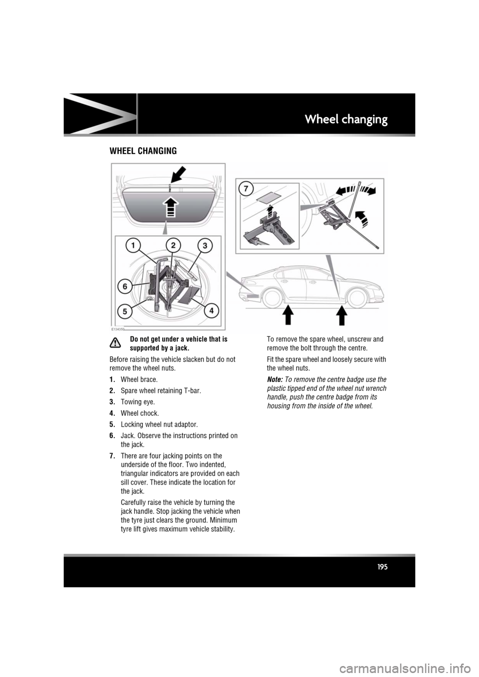 JAGUAR XF 2010 1.G Owners Manual R
(FM8) SEMCON JLR OWNER GUIDE VER 1.00  EURO
LANGUAGE: english-en; MARQUE: jaguar; MODEL: XF
Wheel changing
195
WHEEL CHANGING
Do not get under a vehicle that is 
supported by a jack.
Before raising 