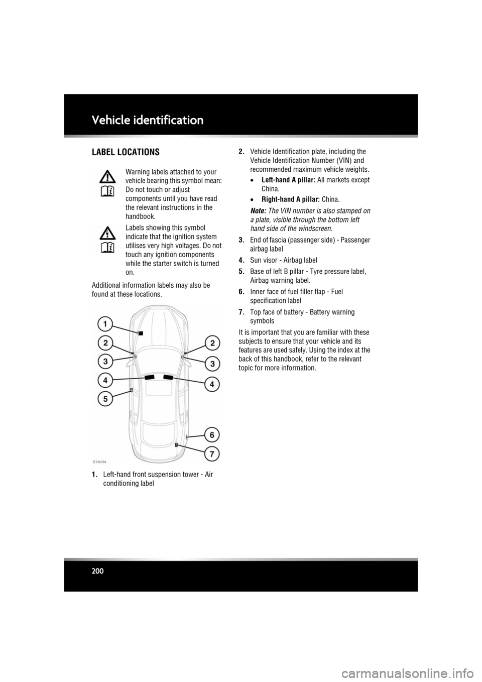 JAGUAR XF 2010 1.G Owners Manual L
(FM8) SEMCON JLR OWNER GUIDE VER 1.00  EURO
LANGUAGE: english-en; MARQUE: jaguar; MODEL: XF
Vehicle identification
200
Vehicle identificationLABEL LOCATIONS
Additional information labels may also be