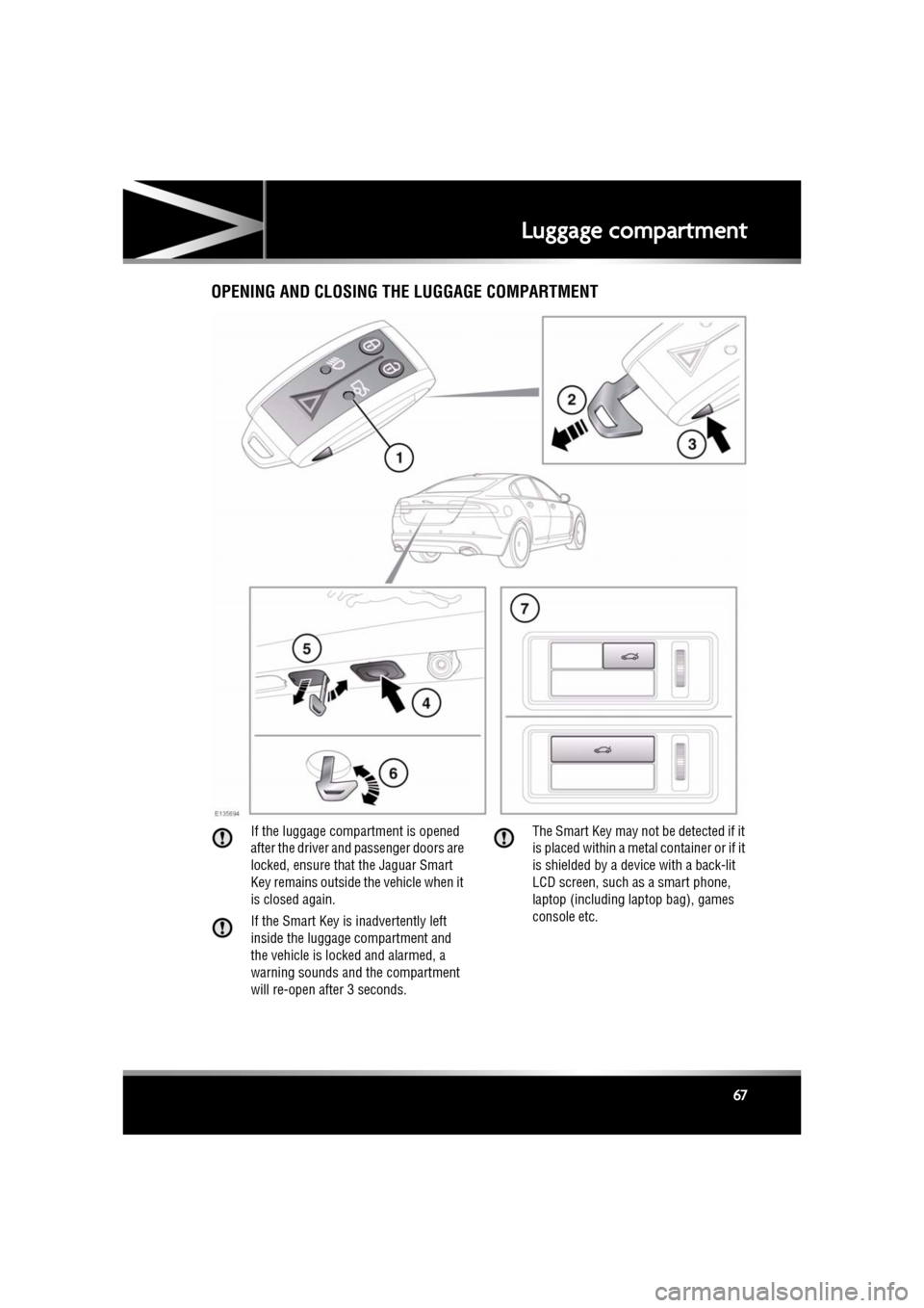 JAGUAR XF 2010 1.G Owners Manual R
(FM8) SEMCON JLR OWNER GUIDE VER 1.00  EURO
LANGUAGE: english-en; MARQUE: jaguar; MODEL: XF
Luggage compartment
67
Luggage compartmentOPENING AND CLOSING THE LUGGAGE COMPARTMENT
If the luggage compa