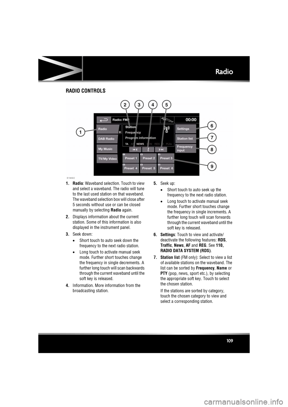 JAGUAR XF 2011 1.G Owners Manual R
(FM8) SEMCON JLR OWNER GUIDE VER 1.00 EURO
LANGUAGE: english-en; MARQUE: jaguar; MODEL: XF
Radio
109
RadioRADIO CONTROLS
1. Radio : Waveband selection. Touch to view
and select a waveband. The ra JAGUAR XF 2011 1.G Owners Manual R
(FM8) SEMCON JLR OWNER GUIDE VER 1.00 EURO
LANGUAGE: english-en; MARQUE: jaguar; MODEL: XF
Radio
109
RadioRADIO CONTROLS
1. Radio : Waveband selection. Touch to view
and select a waveband. The ra