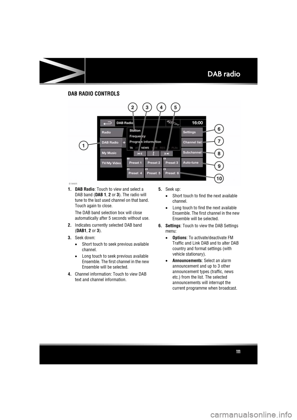 JAGUAR XF 2011 1.G Owners Manual R
(FM8) SEMCON JLR OWNER GUIDE VER 1.00 EURO
LANGUAGE: english-en; MARQUE: jaguar; MODEL: XF
DAB radio
111
DAB radioDAB RADIO CONTROLS
1. DAB Radio : Touch to view and select a
DAB band ( DAB 1, 2 o JAGUAR XF 2011 1.G Owners Manual R
(FM8) SEMCON JLR OWNER GUIDE VER 1.00 EURO
LANGUAGE: english-en; MARQUE: jaguar; MODEL: XF
DAB radio
111
DAB radioDAB RADIO CONTROLS
1. DAB Radio : Touch to view and select a
DAB band ( DAB 1, 2 o