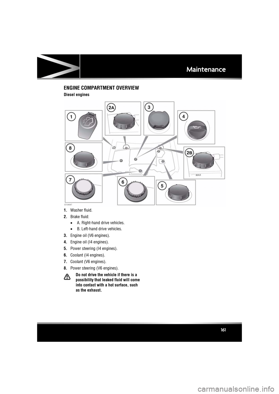 JAGUAR XF 2011 1.G Owners Manual R
(FM8) SEMCON JLR OWNER GUIDE VER 1.00  EURO
LANGUAGE: english-en; MARQUE: jaguar; MODEL: XF
Maintenance
161
ENGINE COMPARTMENT OVERVIEW
Diesel engines
1. Washer fluid.
2. Brake fluid:
•A. Right-ha