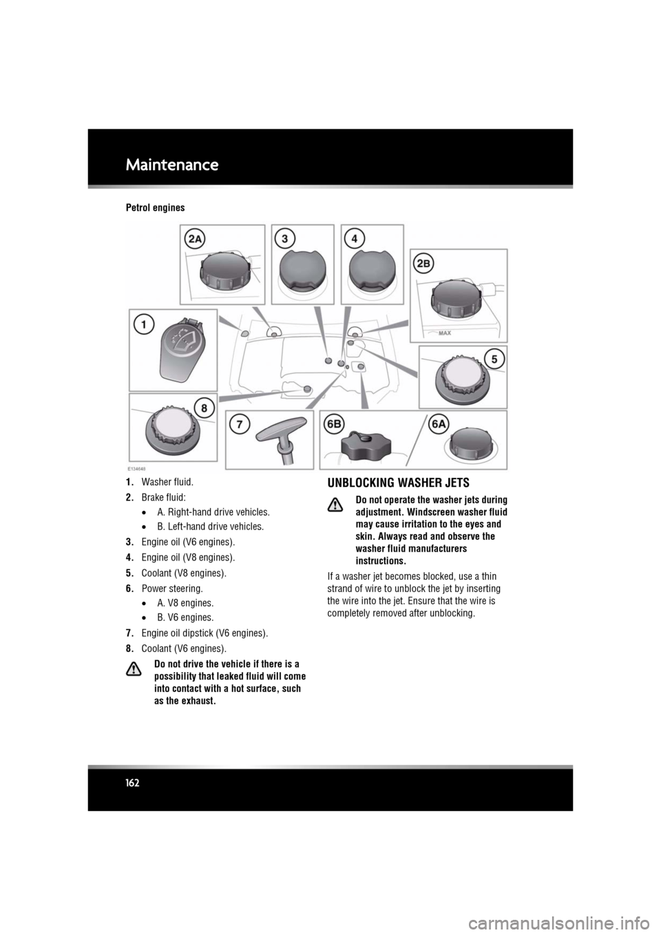 JAGUAR XF 2011 1.G Owners Manual L
(FM8) SEMCON JLR OWNER GUIDE VER 1.00  EURO
LANGUAGE: english-en; MARQUE: jaguar; MODEL: XF
Maintenance
162
Petrol engines
1. Washer fluid.
2. Brake fluid:
•A. Right-hand drive vehicles.
• B. Le