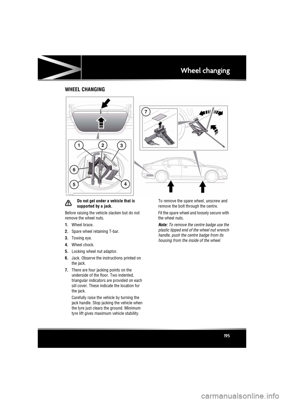 JAGUAR XF 2011 1.G Owners Manual R
(FM8) SEMCON JLR OWNER GUIDE VER 1.00  EURO
LANGUAGE: english-en; MARQUE: jaguar; MODEL: XF
Wheel changing
195
WHEEL CHANGING
Do not get under a vehicle that is 
supported by a jack.
Before raising 