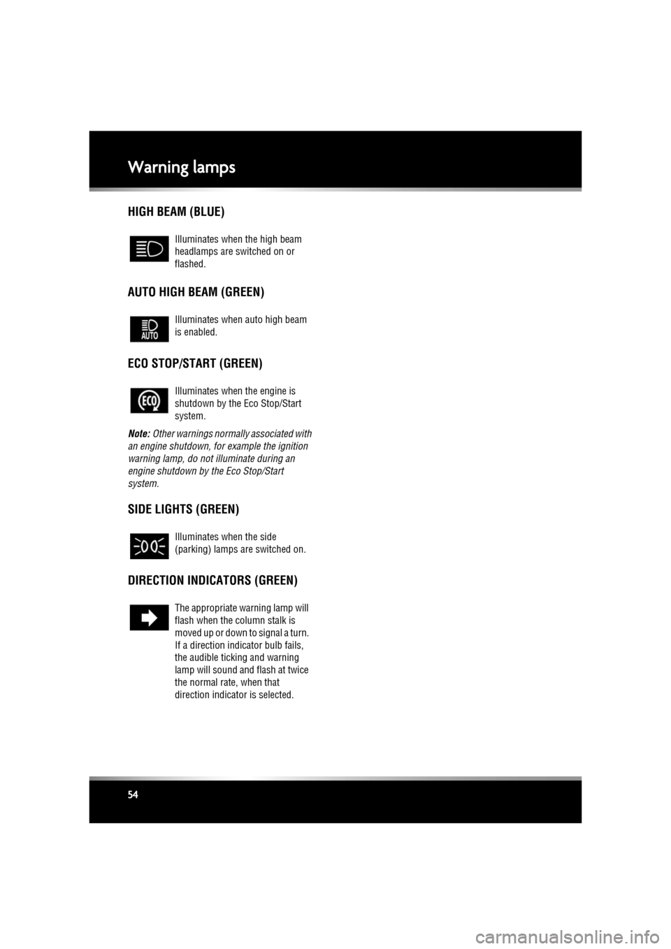 JAGUAR XF 2011 1.G Owners Manual L
(FM8) SEMCON JLR OWNER GUIDE VER 1.00  EURO
LANGUAGE: english-en; MARQUE: jaguar; MODEL: XF
Warning lamps
54
HIGH BEAM (BLUE)
AUTO HIGH BEAM (GREEN)
ECO STOP/START (GREEN)
Note:  Other warnings norm