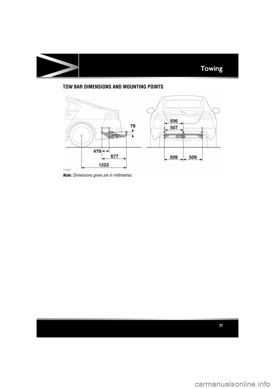 JAGUAR XF 2011 1.G Manual PDF R
(FM8) SEMCON JLR OWNER GUIDE VER 1.00 EURO
LANGUAGE: english-en; MARQUE: jaguar; MODEL: XF
Towing
71
TOW BAR DIMENSIONS AND MOUNTING POINTS
Note: Dimensions given are in millimetres. JAGUAR XF 2011 1.G Manual PDF R
(FM8) SEMCON JLR OWNER GUIDE VER 1.00 EURO
LANGUAGE: english-en; MARQUE: jaguar; MODEL: XF
Towing
71
TOW BAR DIMENSIONS AND MOUNTING POINTS
Note: Dimensions given are in millimetres.