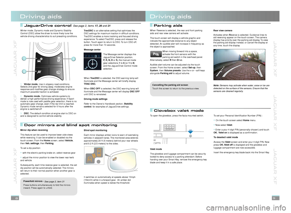 JAGUAR XF 2013 1.G Quick Start Guide JAGUAR XF          JAGUAR XF          JAGUAR XF
JAGUAR XF          JAGUAR XF          JAGUAR XF
 JaguarDrive control See page 2, items 17, 20 and 21   Parking aids
 Glovebox valet mode
 Door mirrors a