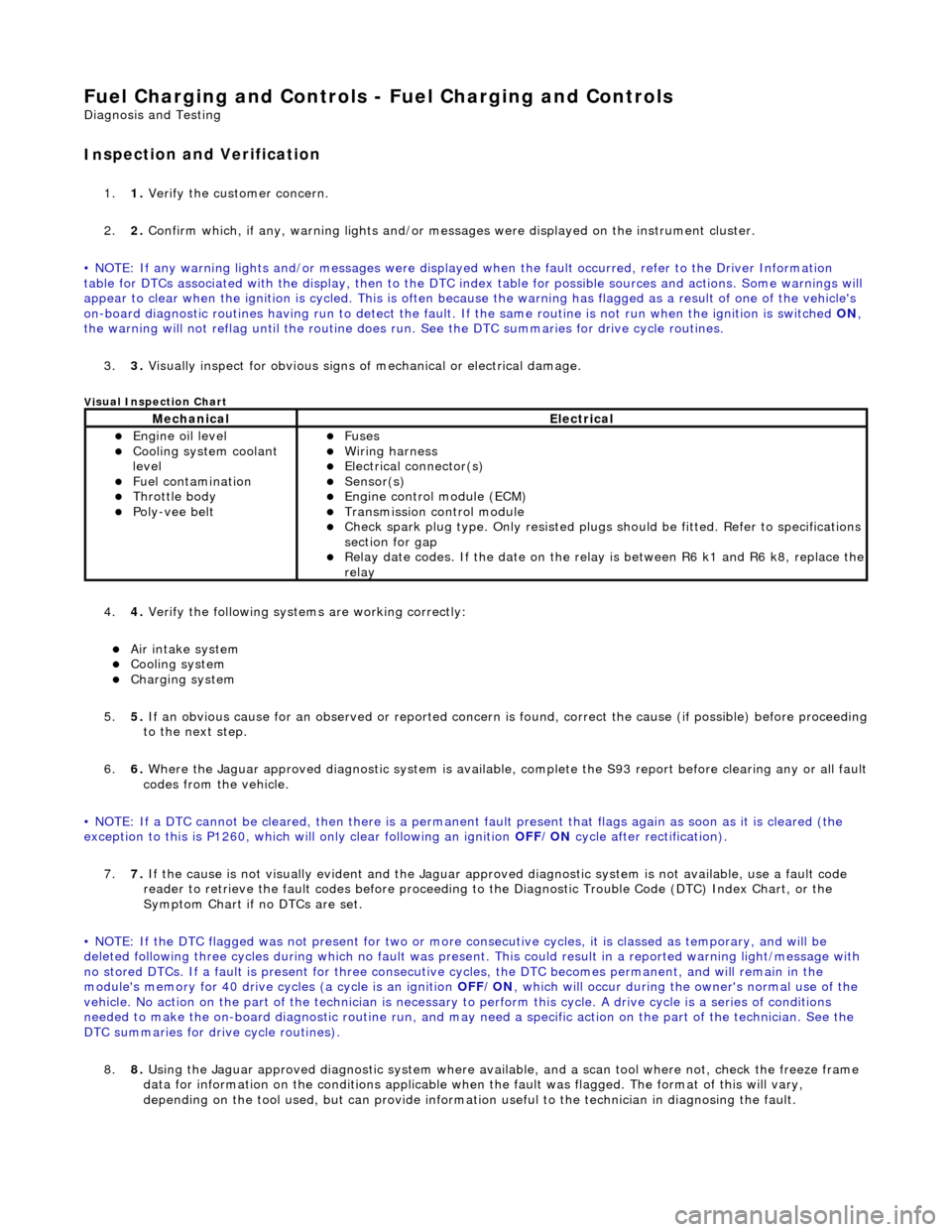 JAGUAR X308 1998 2.G Owners Manual Fuel Char
ging and Controls - Fuel Charging and Controls 
D
iagn
 osis and Testing 
I
n
 spection and Verification 
1.
1. Veri fy the customer concern. 
2. 2. Confi
 rm which, if any, warning li
ghts 