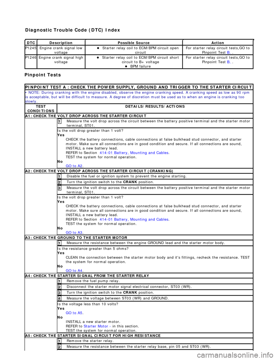 JAGUAR X308 1998 2.G User Guide Pinpoint Tests
DT
C
De
scription
Possib
le Source
Acti
on
P1245Engine
crank signal low
voltage
Starter relay
coil to
ECM/BPM circuit open
circuit
F
or starter relay circuit tests,GO t JAGUAR X308 1998 2.G User Guide Pinpoint Tests
DT
C
De
scription
Possib
le Source
Acti
on
P1245Engine
crank signal low
voltage
Starter relay
coil to
ECM/BPM circuit open
circuit
F
or starter relay circuit tests,GO t