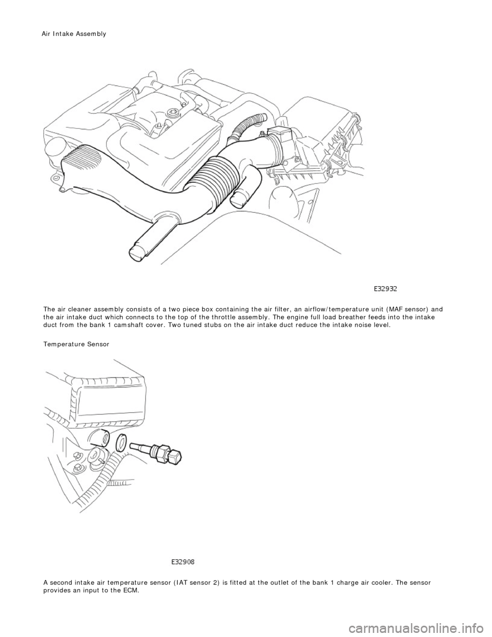 JAGUAR X308 1998 2.G Workshop Manual
The air cleaner assembl y
consists of a tw
o piece box containing the ai r filter, an airflow/temperature unit (MAF sensor) and
the air intake duct which connects to the top of the throttle asse JAGUAR X308 1998 2.G Workshop Manual
The air cleaner assembl y
consists of a tw
o piece box containing the ai r filter, an airflow/temperature unit (MAF sensor) and
the air intake duct which connects to the top of the throttle asse