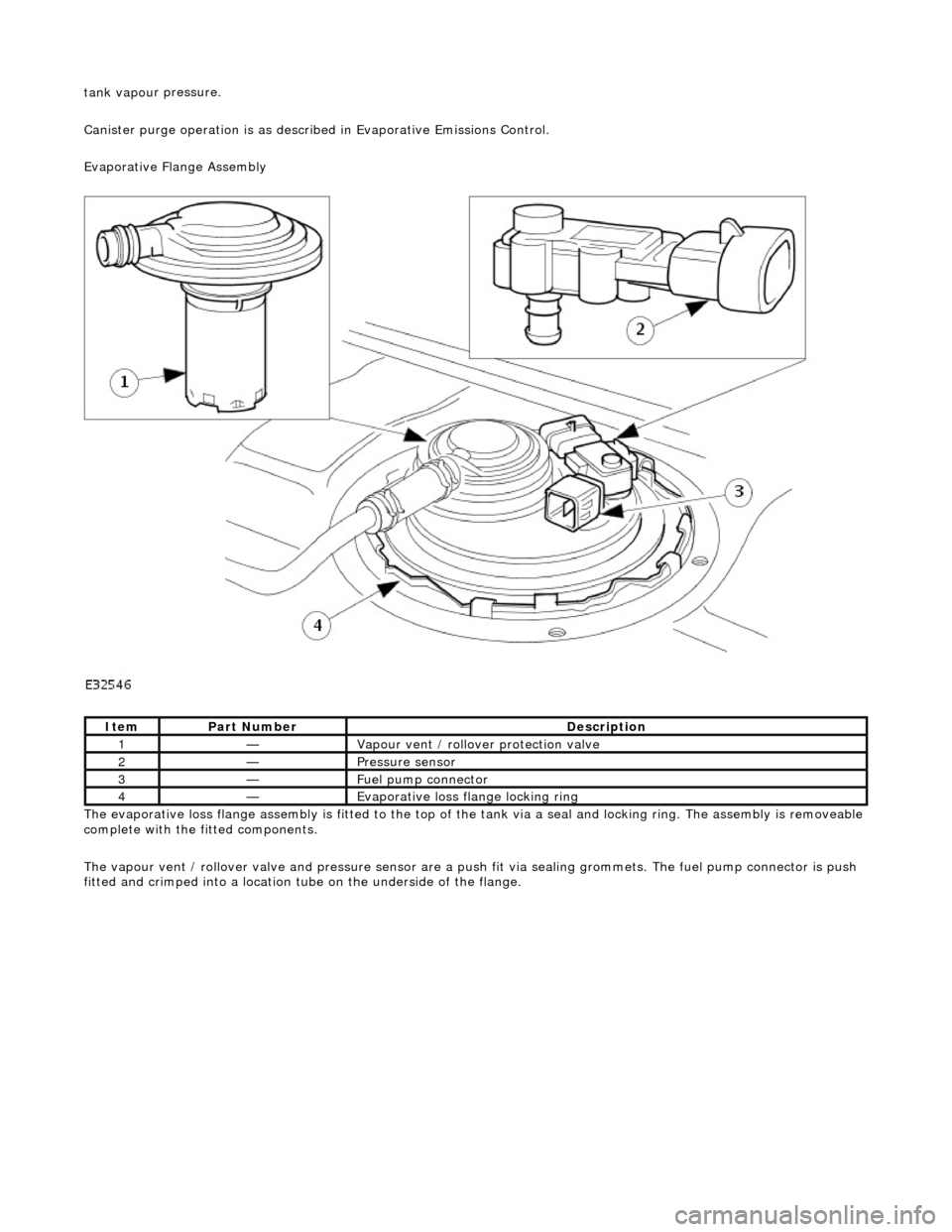 JAGUAR X308 1998 2.G Workshop Manual tank vapou
r pressure.
Canister purge operation is as described in Evaporative Emissions Control.
Evaporative Flange Assembly
The evaporative loss flange assembly is fitted to the top of the tank JAGUAR X308 1998 2.G Workshop Manual tank vapou
r pressure.
Canister purge operation is as described in Evaporative Emissions Control.
Evaporative Flange Assembly
The evaporative loss flange assembly is fitted to the top of the tank