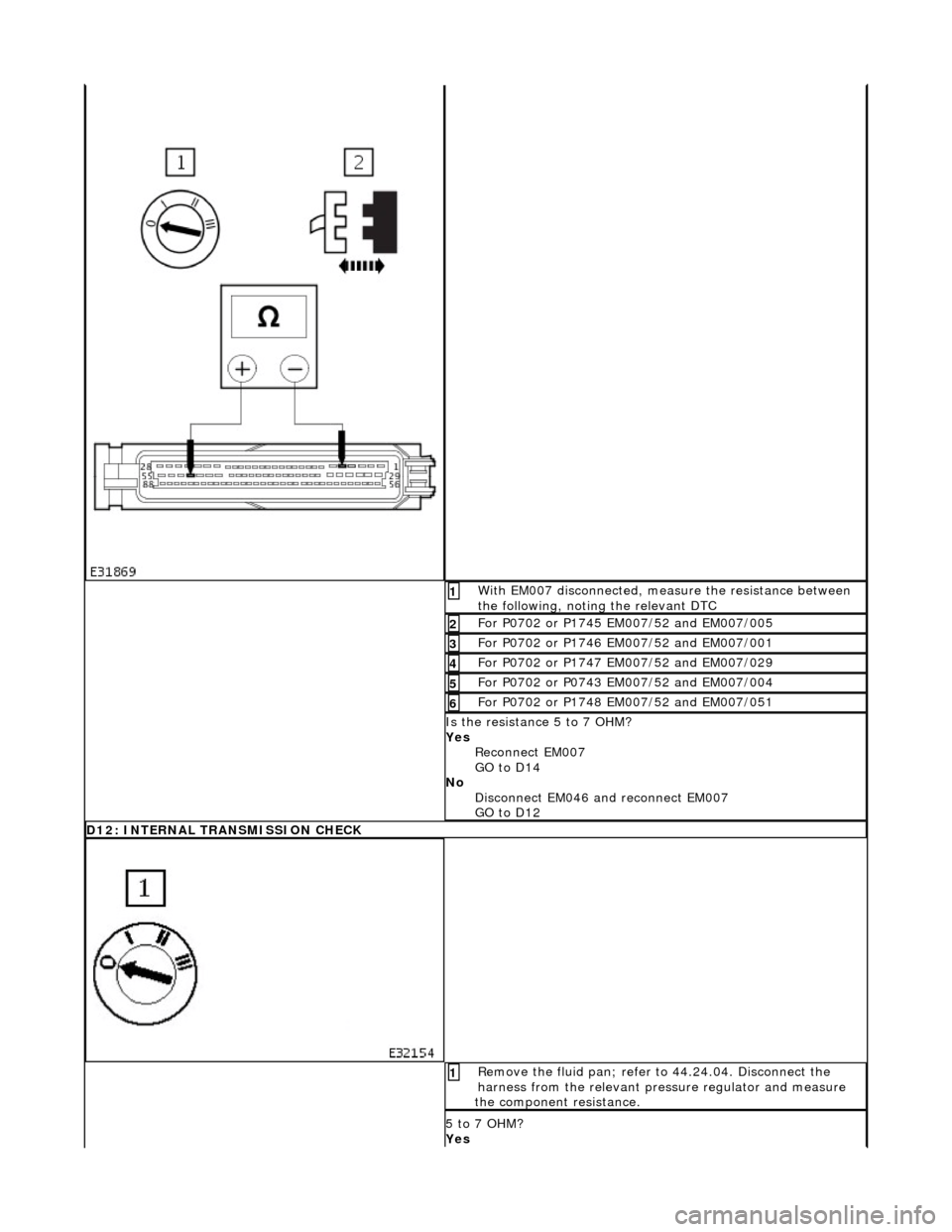 JAGUAR X308 1998 2.G Owners Manual With EM007 disconnected, measure the resistance between
the following, noting the relevant DTC 1
For P0702 or P1745 EM007/52 and EM007/005 2
For P0702 or P1746 EM007/52 and EM007/001 3
For P0702 JAGUAR X308 1998 2.G Owners Manual With EM007 disconnected, measure the resistance between
the following, noting the relevant DTC 1
For P0702 or P1745 EM007/52 and EM007/005 2
For P0702 or P1746 EM007/52 and EM007/001 3
For P0702