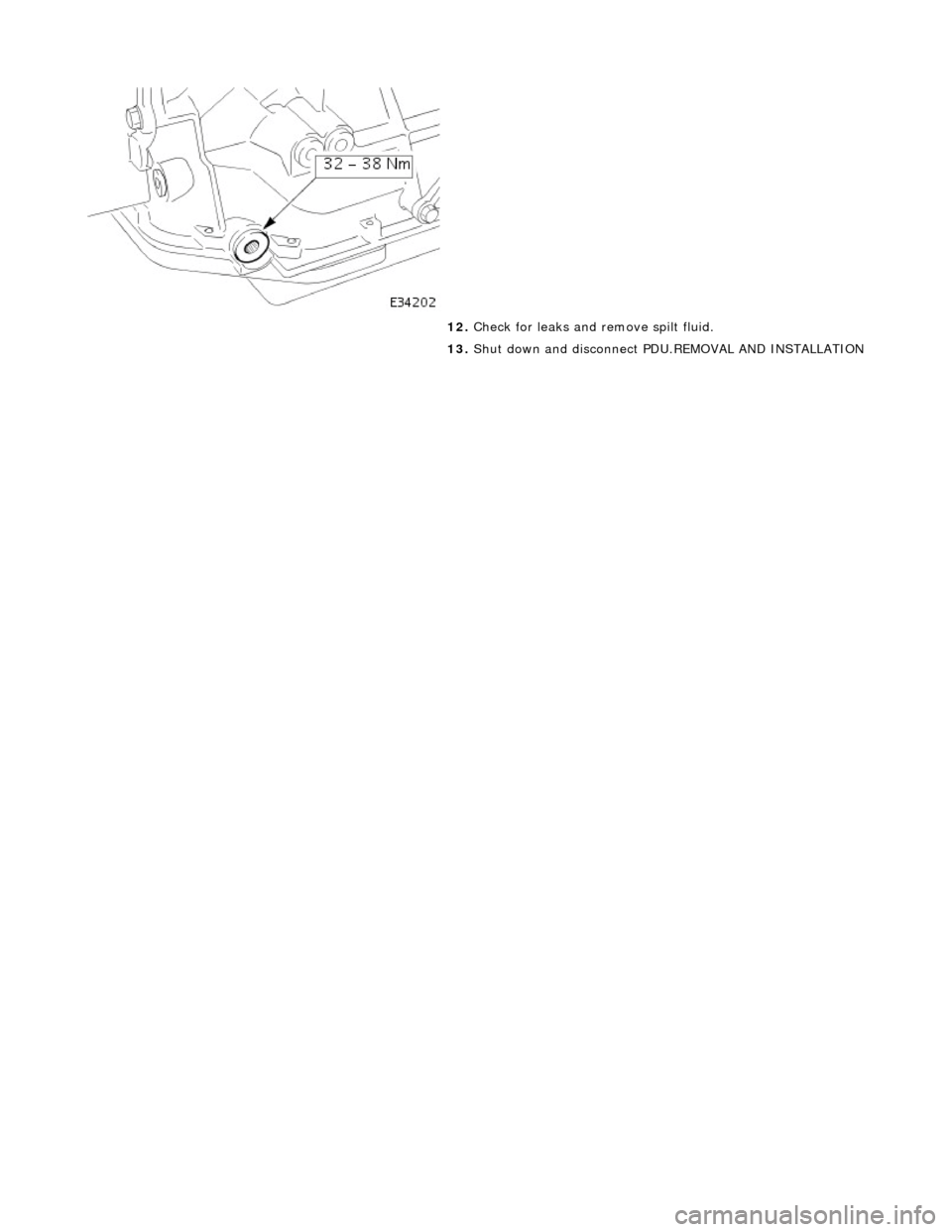 JAGUAR X308 1998 2.G Workshop Manual  
 
 
12. Check for leaks and remove spilt fluid. 
13.  Shut down and disconnect  PDU.REMOVAL AND INSTALLATION
 
    