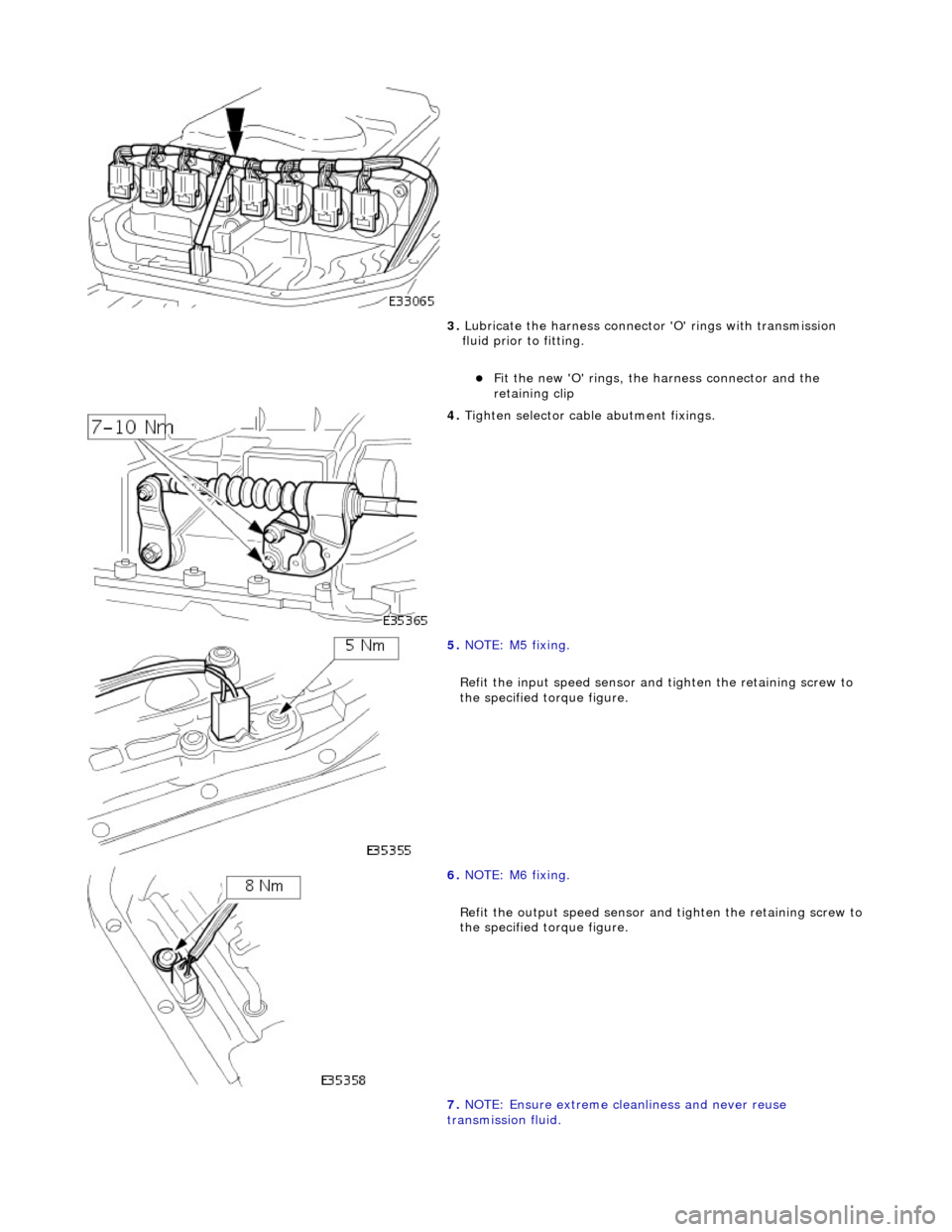JAGUAR X308 1998 2.G Workshop Manual
3. Lubricate the harness connector O rings with transmission
fluid prior to fitting.
Fit the new O rings, the harness connector and the
retaining clip
4. Tighten selector cable abutm JAGUAR X308 1998 2.G Workshop Manual
3. Lubricate the harness connector O rings with transmission
fluid prior to fitting.
Fit the new O rings, the harness connector and the
retaining clip
4. Tighten selector cable abutm