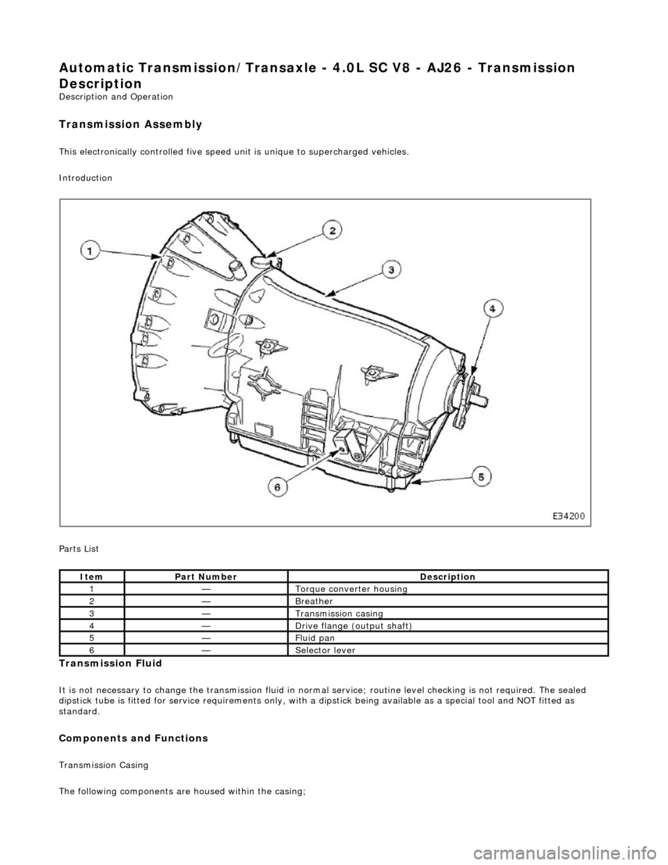 JAGUAR X308 1998 2.G Workshop Manual Automatic Transmission/Transaxle - 4.0L SC V8 - AJ26 - Transmission
Description
Description and Operation
Transmission Assembly
This electronically controlled five speed unit is unique to superch JAGUAR X308 1998 2.G Workshop Manual Automatic Transmission/Transaxle - 4.0L SC V8 - AJ26 - Transmission
Description
Description and Operation
Transmission Assembly
This electronically controlled five speed unit is unique to superch