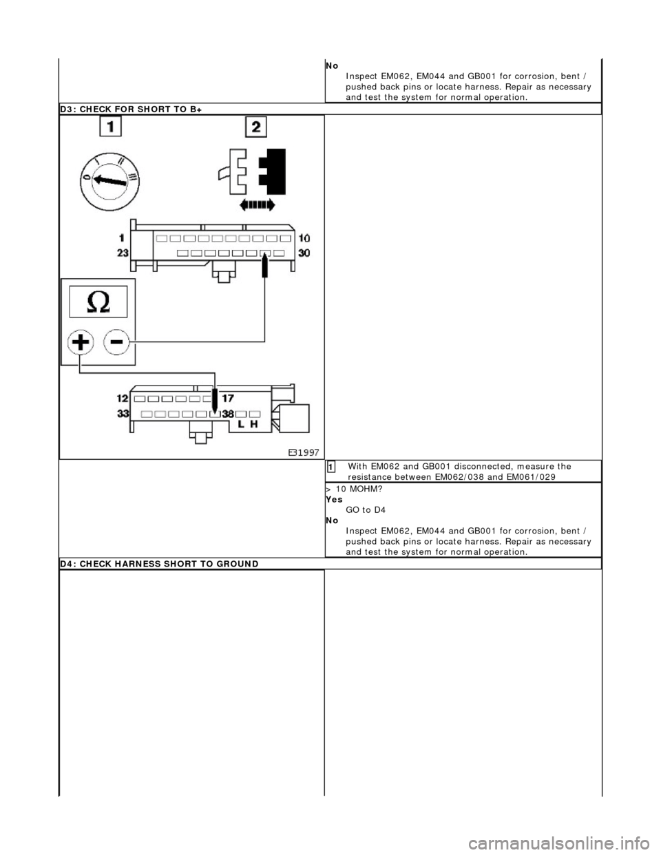 JAGUAR X308 1998 2.G Workshop Manual No Inspect EM062, EM044 and GB001 for corrosion, bent / 
pushed back pins or locate  harness. Repair as necessary 
and test the system for normal operation. 
D3: CHECK FOR SHORT TO B+
 With EM062 and 