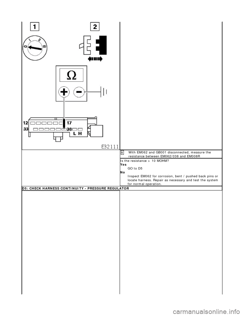 JAGUAR X308 1998 2.G Workshop Manual  With EM062 and GB001 disconnected, measure the 
resistance between EM062/038 and EM008R 1 
Is the resistance > 10 MOHM? 
Yes GO to D5  
No  Inspect EM062 for corrosion, bent / pushed back pins or 
lo