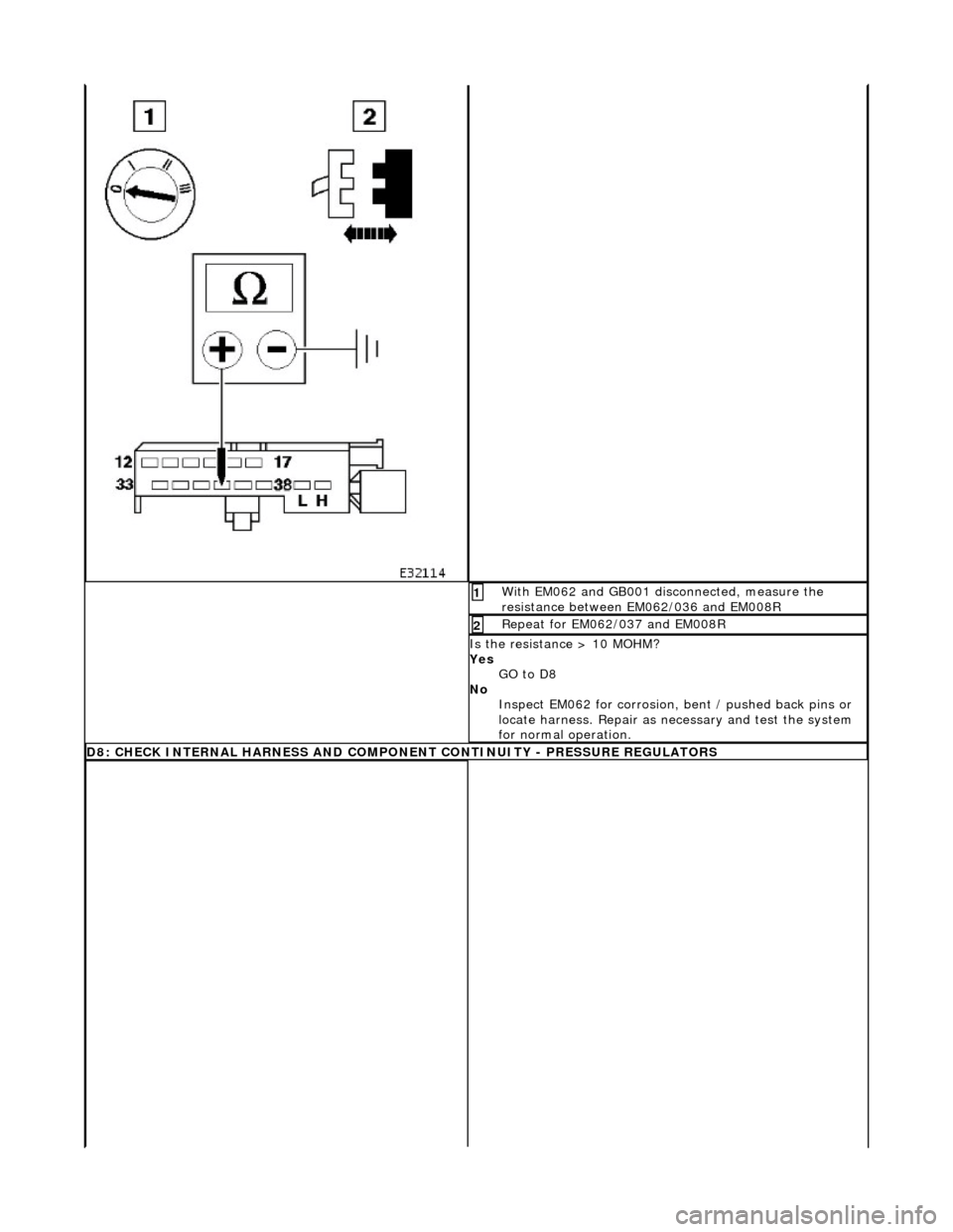 JAGUAR X308 1998 2.G Workshop Manual  With EM062 and GB001 disconnected, measure the 
resistance between EM062/036 and EM008R 1 
Repeat for EM062/037 and EM008R 2 
Is the resistance > 10 MOHM? 
Yes GO to D8  
No  Inspect EM062 for corros