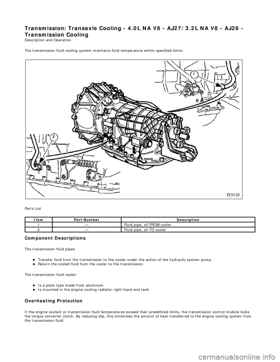 JAGUAR X308 1998 2.G Owners Manual Transmission/Transaxle Cooling - 4.0L NA V8 - AJ27/3.2L NA V8 - AJ26 -
Transmission Cooling
Description and Operation
The transmission fluid cooling system maintains fluid temperature within specif JAGUAR X308 1998 2.G Owners Manual Transmission/Transaxle Cooling - 4.0L NA V8 - AJ27/3.2L NA V8 - AJ26 -
Transmission Cooling
Description and Operation
The transmission fluid cooling system maintains fluid temperature within specif