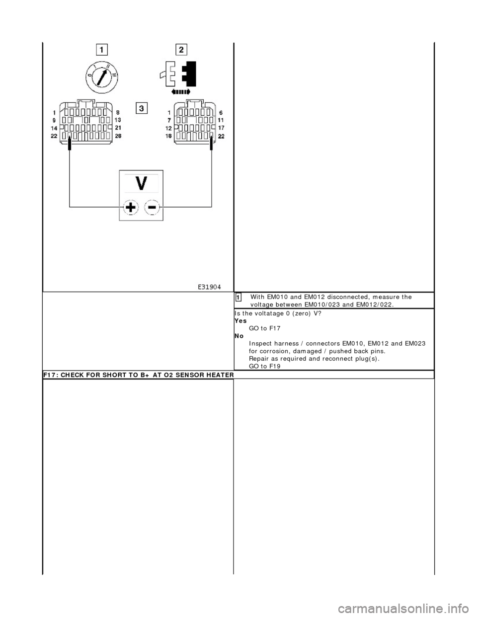 JAGUAR X308 1998 2.G Service Manual With EM010 and EM012 disconnected, measure the
voltage between EM010/023 and EM012/022. 1
Is the voltatage 0 (zero) V?
Yes GO to F17
No Inspect harness / connecto rs EM010, EM012 and EM023
for JAGUAR X308 1998 2.G Service Manual With EM010 and EM012 disconnected, measure the
voltage between EM010/023 and EM012/022. 1
Is the voltatage 0 (zero) V?
Yes GO to F17
No Inspect harness / connecto rs EM010, EM012 and EM023
for