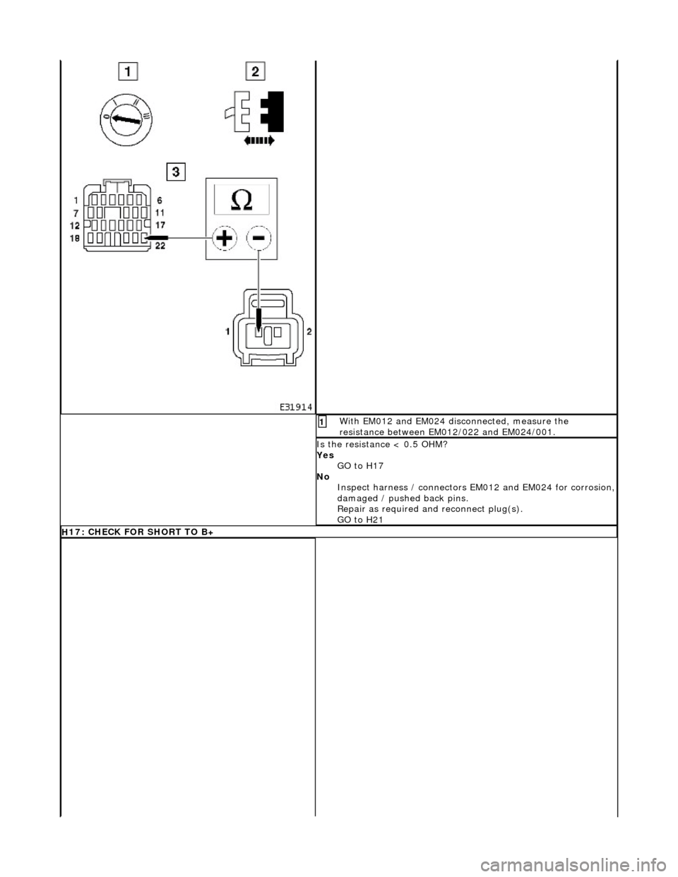 JAGUAR X308 1998 2.G Workshop Manual  W
ith EM012 and EM024 disconnected, measure the 
resistance between EM012/022 and EM024/001. 
1 
I
 s the resistance < 0.5 OHM? 
Yes  GO to H17  
No  Inspect harness / connectors  EM012 and EM024 for