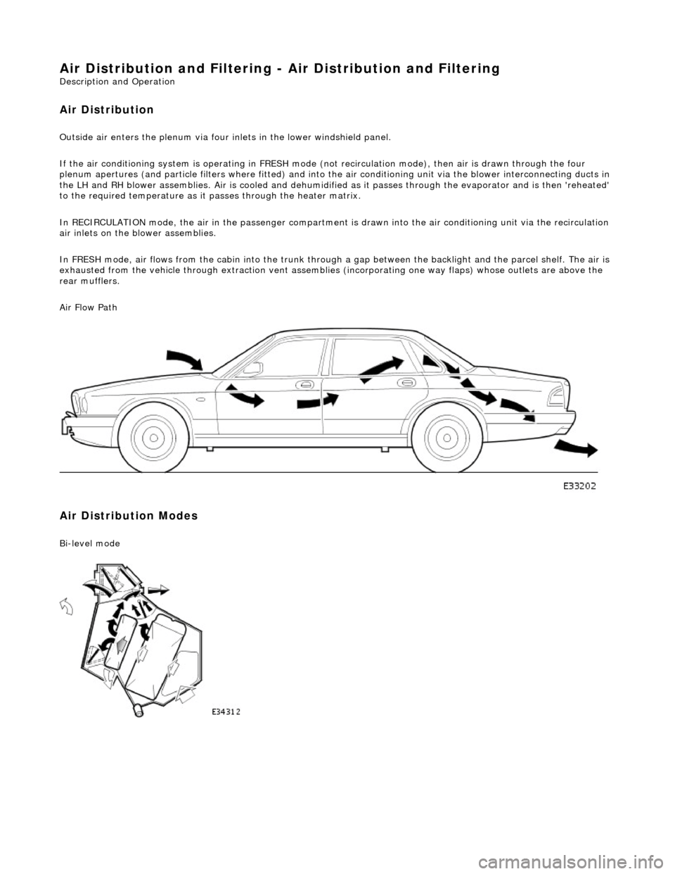 JAGUAR X308 1998 2.G Workshop Manual Air Distribution and Filtering - Air Distri
 bution and Filtering 
Description an
d Operation 
Air Distribution

 
Ou
tside air enters the plen
um via four inlets in the lower windshield panel. 
If th