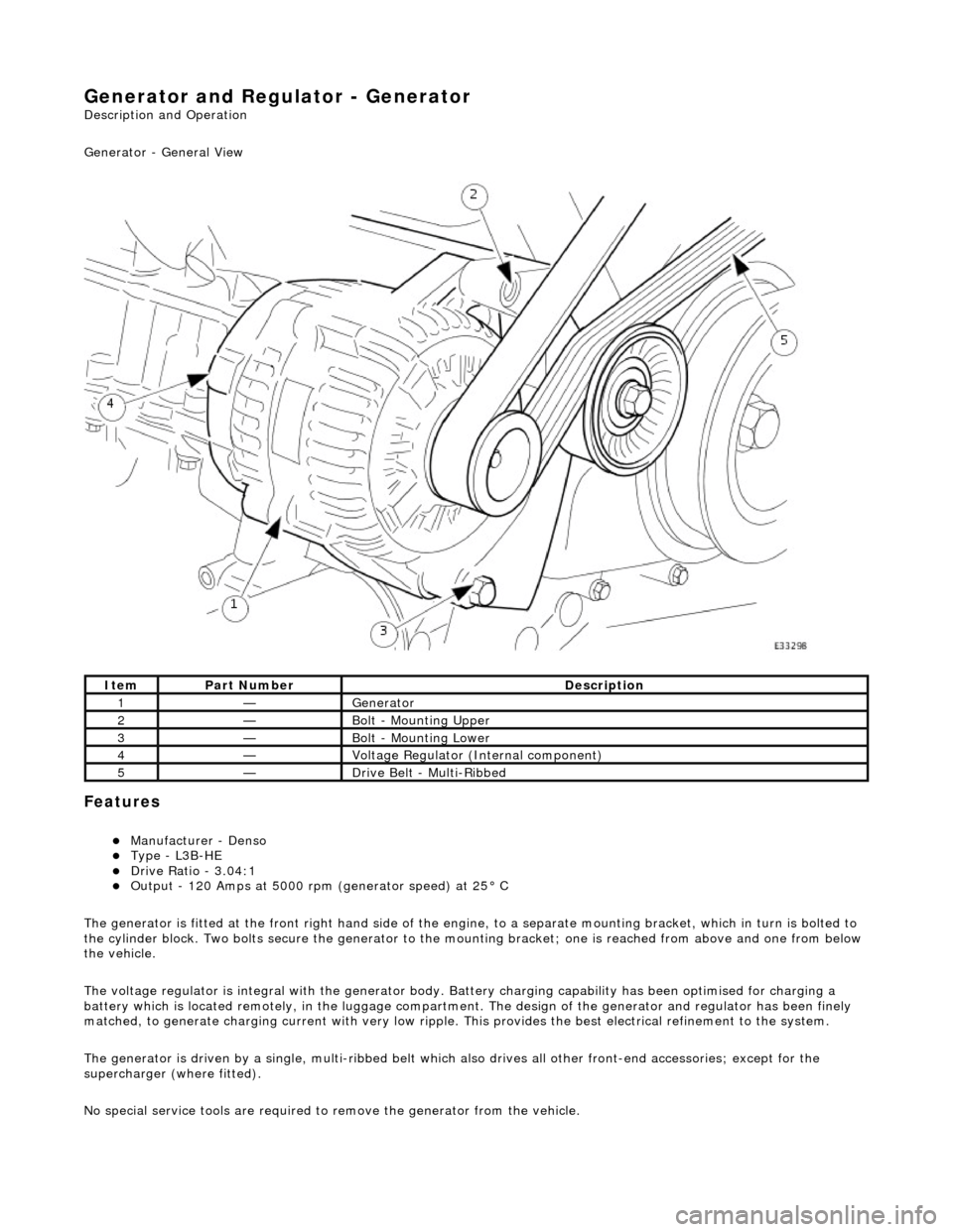 JAGUAR X308 1998 2.G Repair Manual Generator and Regulator - Generator
Description and Operation
Generator - General View
Features
Manufacturer - Denso Type - L3B-HE Drive Ratio - 3.04:1 Output - 120 Amps at 5000 rp JAGUAR X308 1998 2.G Repair Manual Generator and Regulator - Generator
Description and Operation
Generator - General View
Features
Manufacturer - Denso Type - L3B-HE Drive Ratio - 3.04:1 Output - 120 Amps at 5000 rp