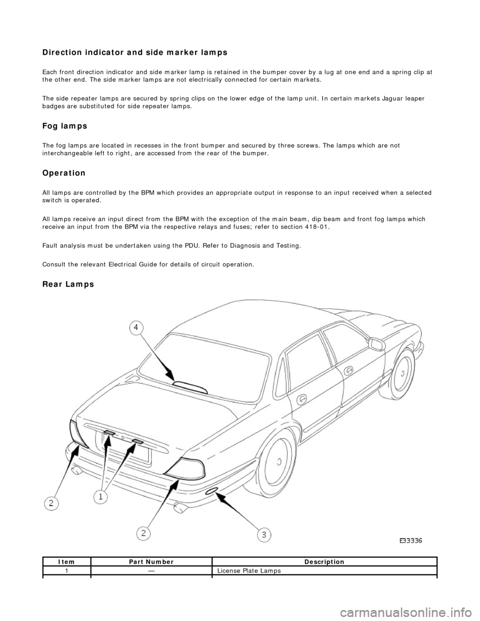 JAGUAR X308 1998 2.G Manual PDF Direction indicator and side marker lamps 
Each front direction indicator and side marker lamp is retained in the bumper cover by a lug at one end and a spring clip at 
the other end. The side marker 