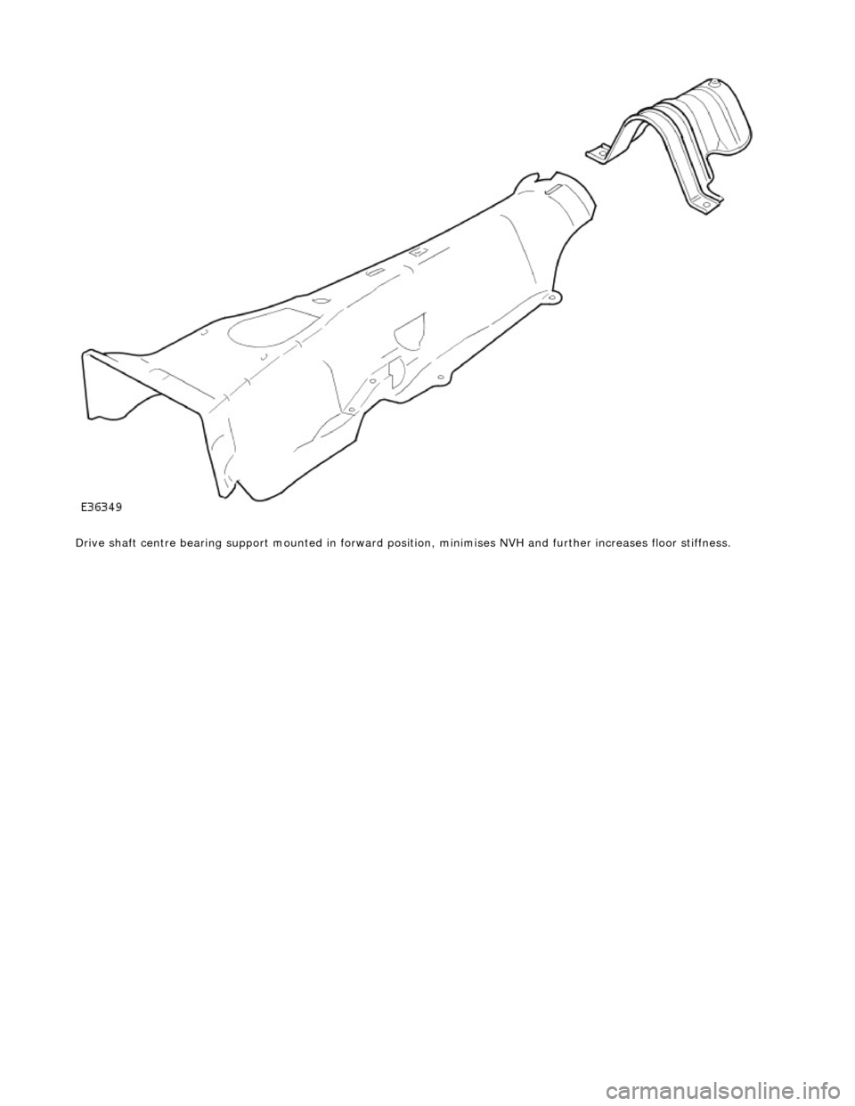 JAGUAR X308 1998 2.G Workshop Manual  
Drive shaft centre bearing support mounted in forward position, minimises NVH an d further increases floor stiffness.  
 
 
    