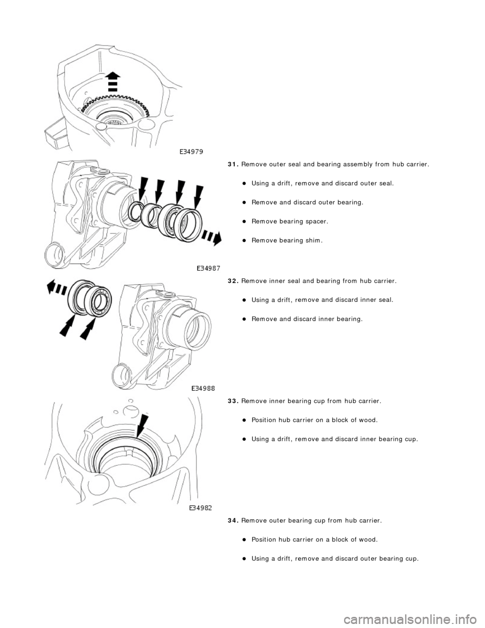JAGUAR X308 1998 2.G Workshop Manual  
 
31
. 
Remove outer seal and bearin g assembly from hub carrier. 
Using a drift, r
 emove an
d discard outer seal.  
Remove an
 d discard outer bearing.  
Re

move bearin
g spacer.  
Re