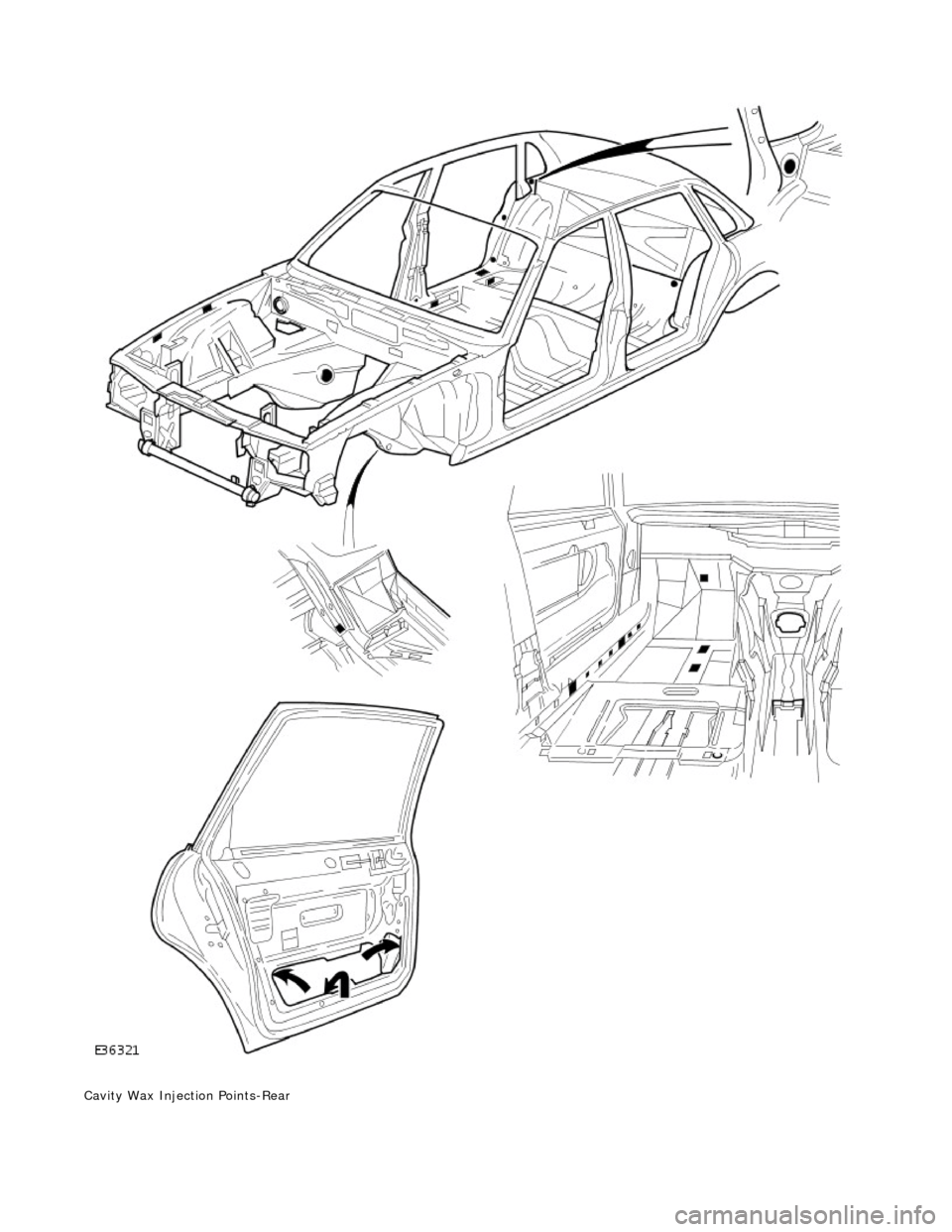 JAGUAR X308 1998 2.G Owners Manual
Cavity Wax Injection Points-Rear
JAGUAR X308 1998 2.G Owners Manual
Cavity Wax Injection Points-Rear