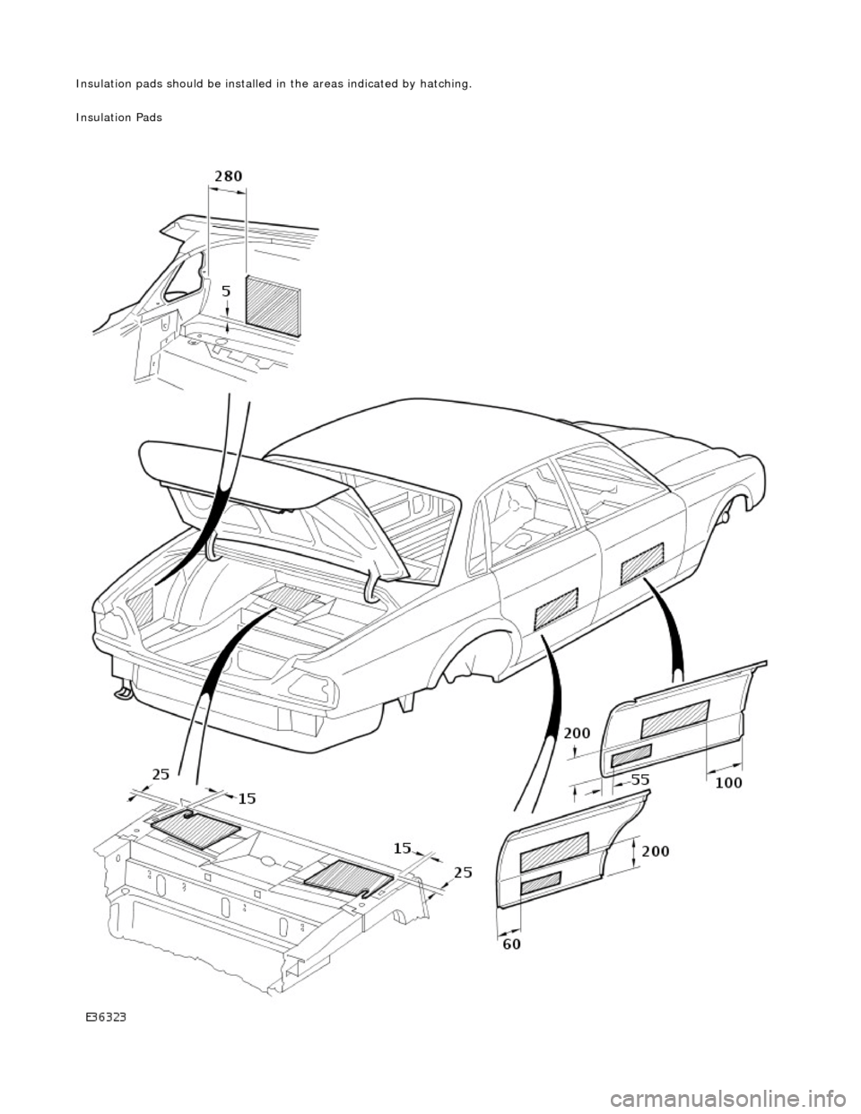 JAGUAR X308 1998 2.G Workshop Manual Insulation pads should be installed in the areas indicated by hatching. 
Insulation Pads 
 
    
