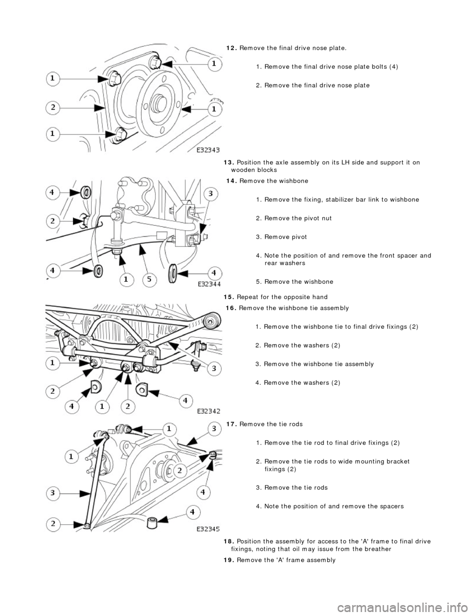 JAGUAR X308 1998 2.G Workshop Manual  
12. R
 emove the final dr
ive nose plate. 
1. Remove the final drive nose plate bolts (4) 
2. Remove the final drive nose plate 
13.  Position the axle assembly on  its LH side and support it on 
wo