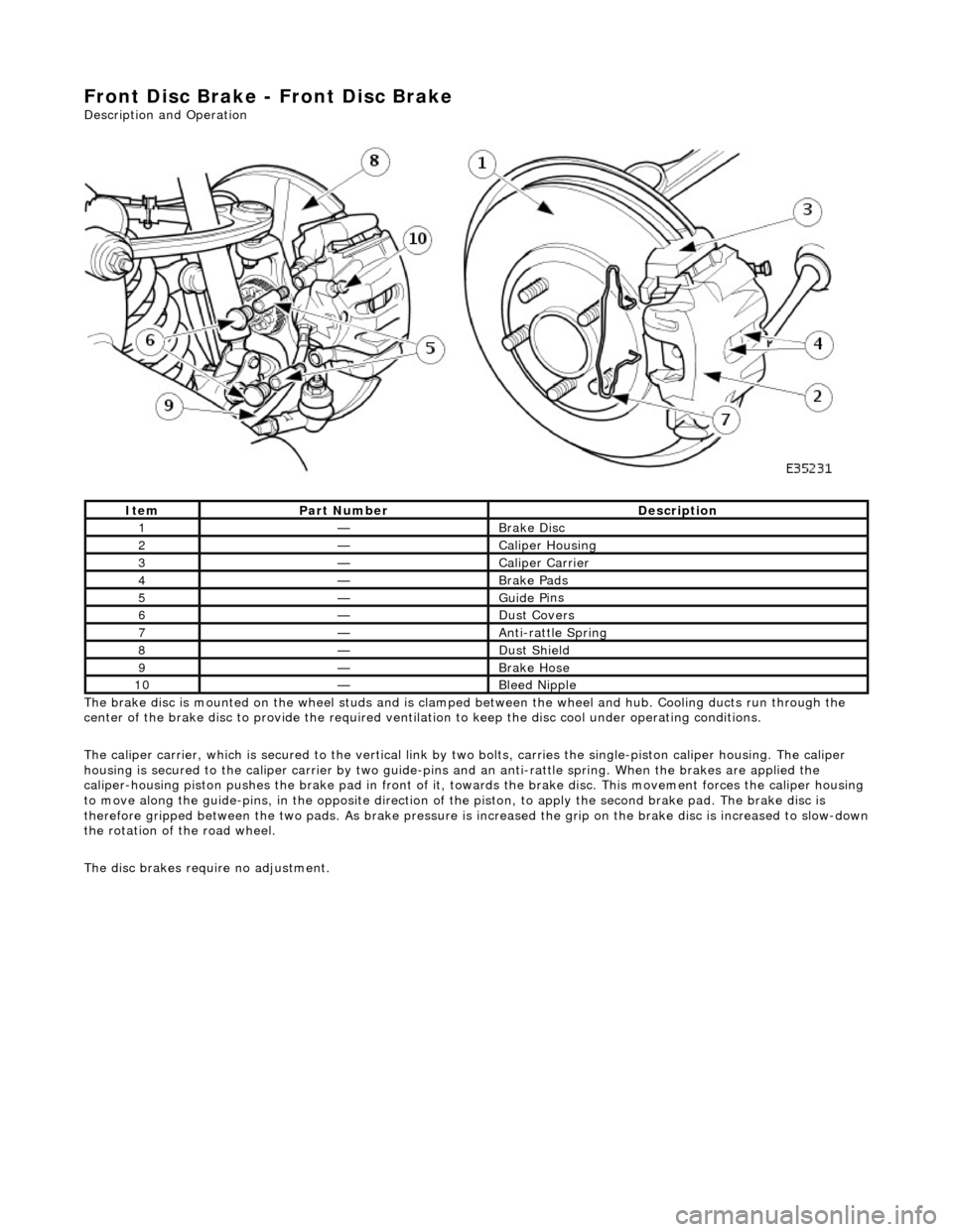 JAGUAR X308 1998 2.G Workshop Manual Front Disc Brake - Front Disc Brake 
Description and Operation
  
 
The brake disc is mounted on the wheel  studs and is clamped between the wheel and hub. Cooling ducts run through the 
center of the