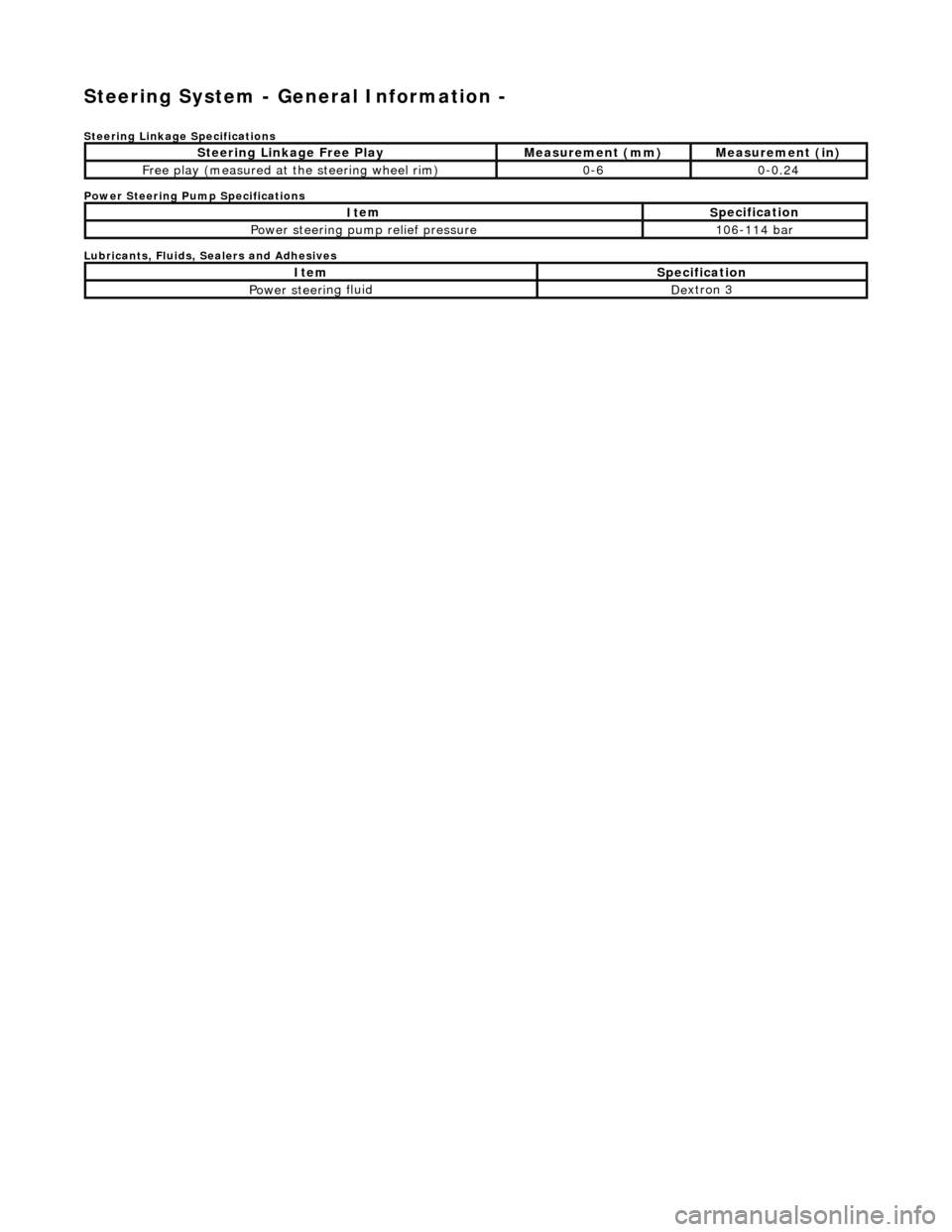 JAGUAR X308 1998 2.G Service Manual Stee
ring System - General Information -  
S
 teering Linkage Specifications 
Power Steering Pump Specifications 
Lubricants, Fluids, Sealers and Adhesives 
 
 
S
 teering Linkage Free Play
Meas
 urem