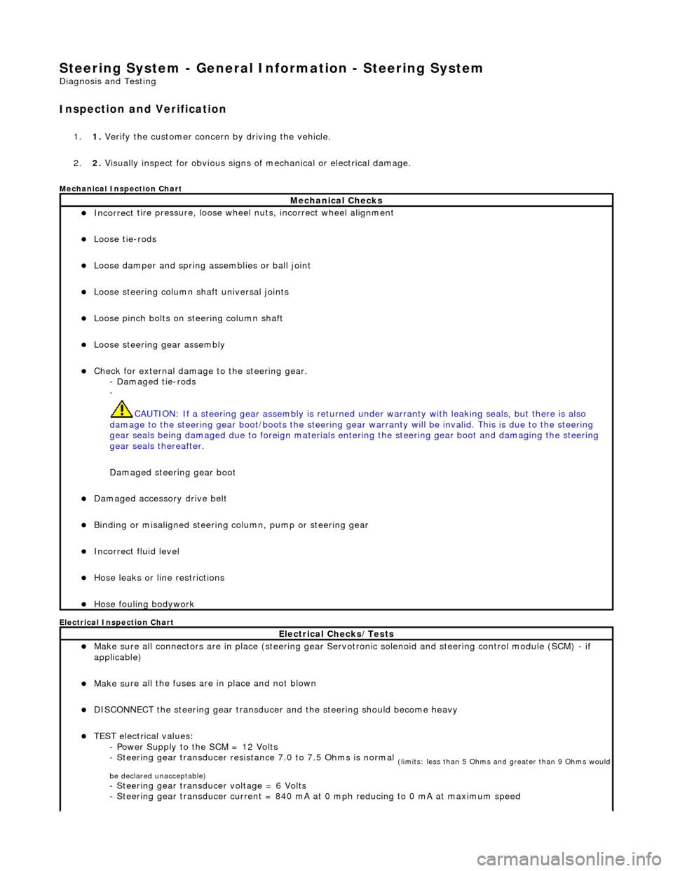 JAGUAR X308 1998 2.G Workshop Manual Steering System - General Inform
 ation - Steering System 
D
iagnosis and Testing 
I

nspection and Verification 
1.
1. Verify t
 he customer concern by driving the vehicle. 
2. 2. Visually inspect fo