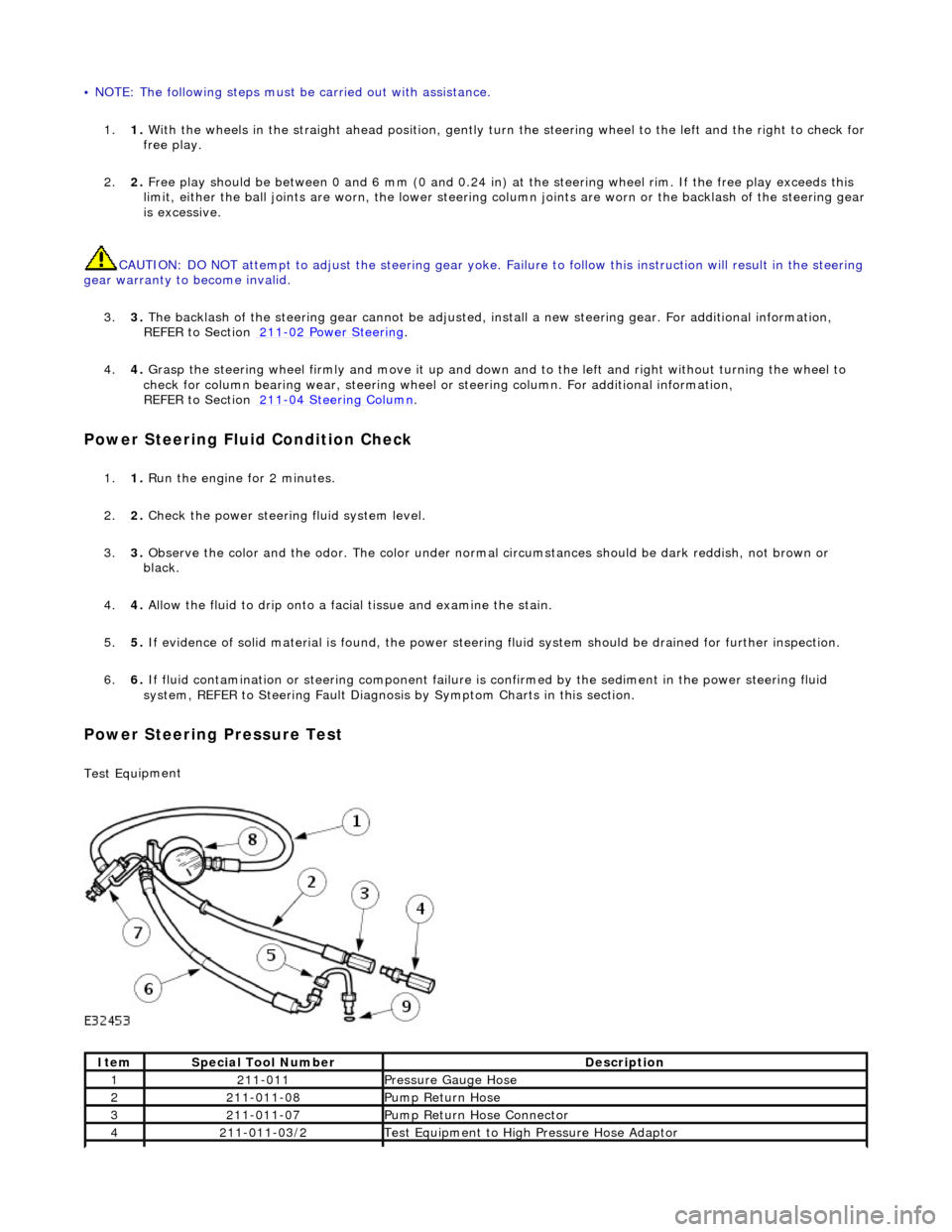 JAGUAR X308 1998 2.G Service Manual • 
NOTE: The following steps must be carried out with assistance. 
1. 1. With the wheels in the straight ahead po sition, gently turn the steering wheel to the left and the right to check for  
free
