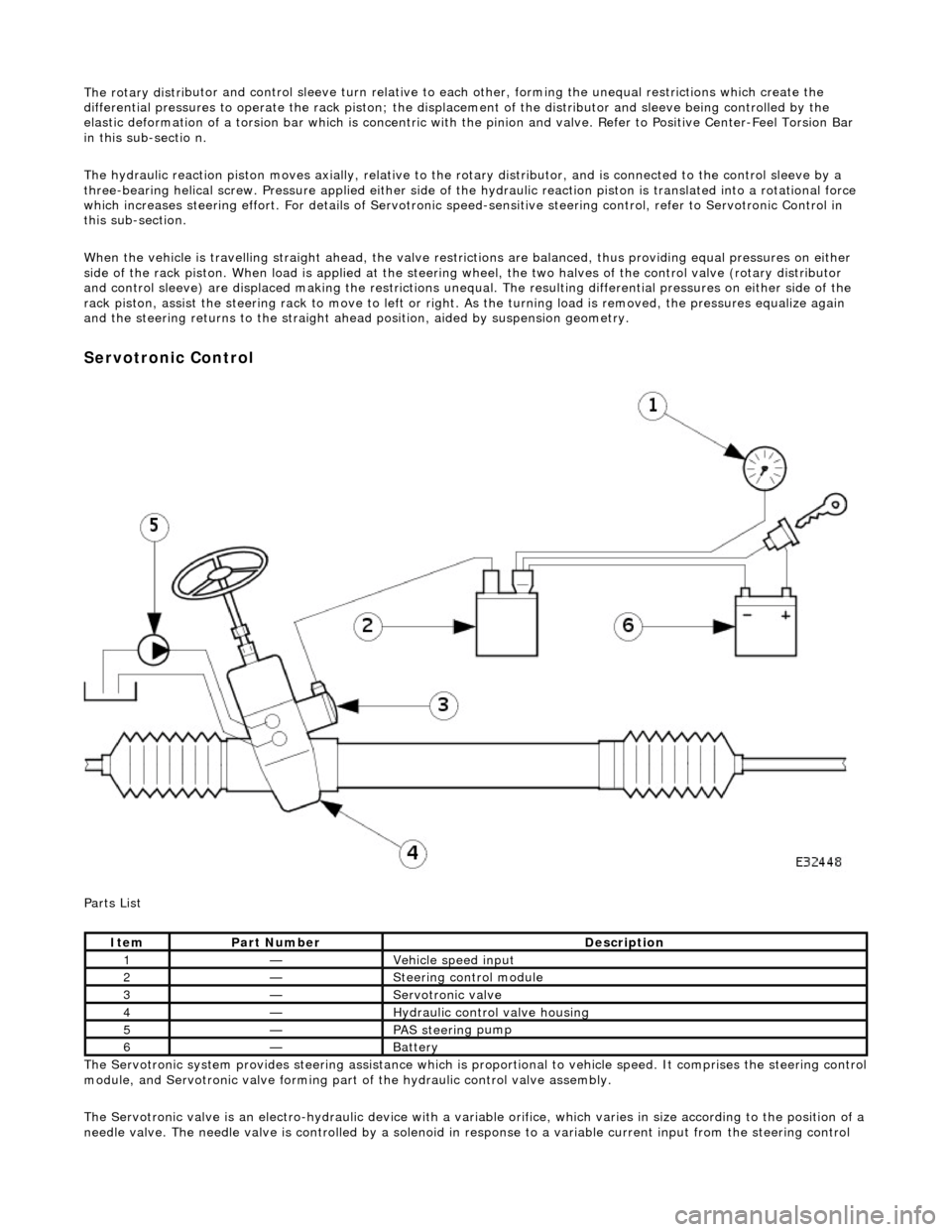JAGUAR X308 1998 2.G Workshop Manual The rotary distri
 butor and control sleeve turn relative to ea
ch other, forming the unequal restrictions which create the 
differential pressures to operat e the rack piston; the displacement of the