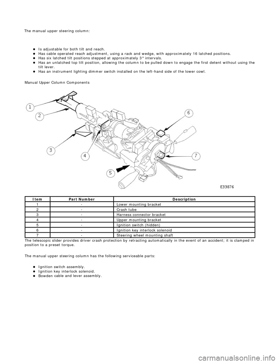 JAGUAR X308 1998 2.G Workshop Manual Is adjustable for both til
t and reach.  
Has ca

ble operated reach adjustment, using a rack an
d wedge, with approximately 16 latched positions.  
Has si
x latched tilt positions steppe
d a