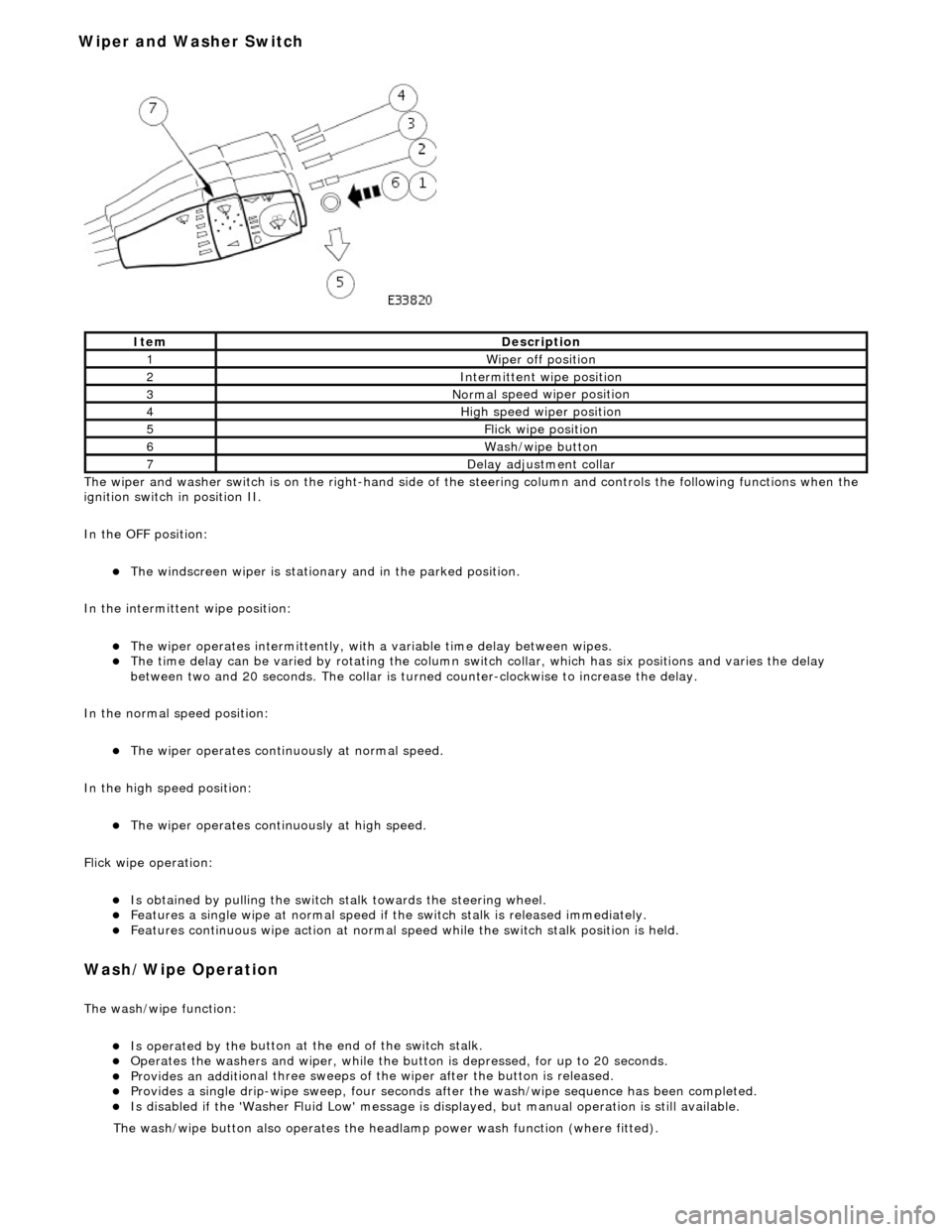 JAGUAR X308 1998 2.G Workshop Manual
The wiper and washer switch i s
on the righ
t-hand side of the steering column and controls the fo llowing functions when the
ignition switch in position II.
In the OFF position:
The windsc JAGUAR X308 1998 2.G Workshop Manual
The wiper and washer switch i s
on the righ
t-hand side of the steering column and controls the fo llowing functions when the
ignition switch in position II.
In the OFF position:
The windsc