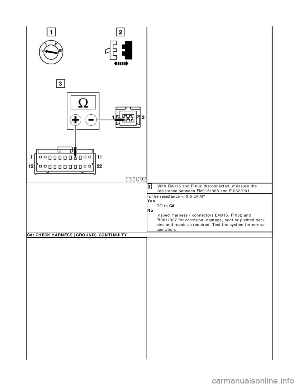 JAGUAR X308 1998 2.G Workshop Manual Wi
th EM015 and PI032 disconnected, measure the
resistance between EM015/008 and PI032/001
1
I s
the resistance < 0.5 OHM?
Yes GO to C8
No Inspect harness / connectors EM015, PI032 and
P JAGUAR X308 1998 2.G Workshop Manual Wi
th EM015 and PI032 disconnected, measure the
resistance between EM015/008 and PI032/001
1
I s
the resistance < 0.5 OHM?
Yes GO to C8
No Inspect harness / connectors EM015, PI032 and
P