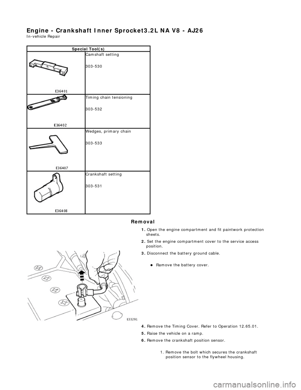 JAGUAR X308 1998 2.G Manual PDF Engine - Crankshaft Inner Sprocket3.2L NA V8 - AJ26
In-vehic
le Repair
Remov
a
l
S
p
ecial Tool(s)
Camshaft setting
3
03-
530
T
i
ming chain tensioning
303-532
Wedges, primary ch ain JAGUAR X308 1998 2.G Manual PDF Engine - Crankshaft Inner Sprocket3.2L NA V8 - AJ26
In-vehic
le Repair
Remov
a
l
S
p
ecial Tool(s)
Camshaft setting
3
03-
530
T
i
ming chain tensioning
303-532
Wedges, primary ch ain