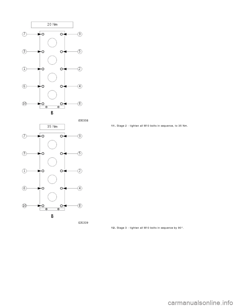 JAGUAR X308 1998 2.G Workshop Manual  
 
11
. 
Stage 2 - tighten all M10 bolt s in sequence, to 35 Nm. 
12.  Stage 3 - tighten all M10 bolts in sequence by 90°. 
 
   