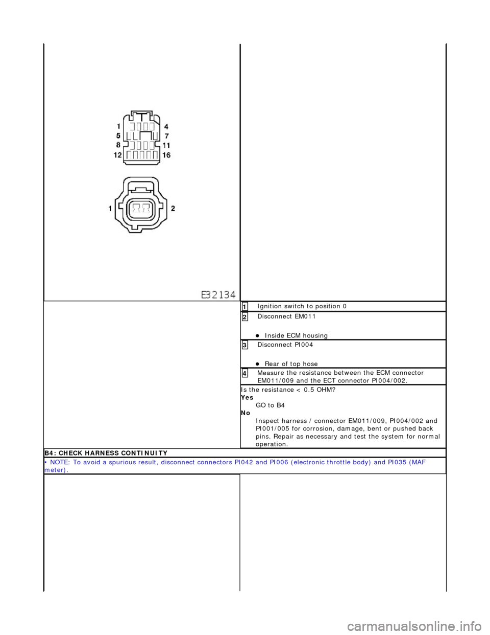 JAGUAR X308 1998 2.G Workshop Manual I
gnition switch to position 0
1
Di
sconnect EM011
Inside E
CM housing
2
D
isconnect PI004
Re
ar of top hose
3
Meas
ure the resistance between the ECM connector
EM011/009 and the JAGUAR X308 1998 2.G Workshop Manual I
gnition switch to position 0
1
Di
sconnect EM011
Inside E
CM housing
2
D
isconnect PI004
Re
ar of top hose
3
Meas
ure the resistance between the ECM connector
EM011/009 and the
