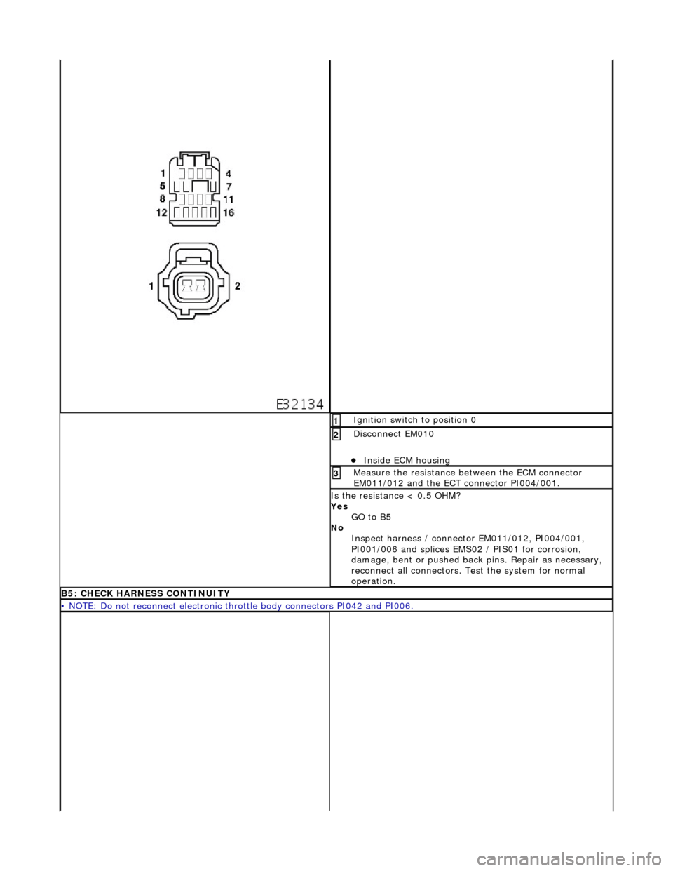 JAGUAR X308 1998 2.G Workshop Manual Ig
nition switch to position 0
1
Di
sc
onnect EM010
Inside E
C
M housing
2
Meas
ure t
he resistance between the ECM connector
EM011/012 and the ECT connector PI004/001.
3
I s
the res JAGUAR X308 1998 2.G Workshop Manual Ig
nition switch to position 0
1
Di
sc
onnect EM010
Inside E
C
M housing
2
Meas
ure t
he resistance between the ECM connector
EM011/012 and the ECT connector PI004/001.
3
I s
the res