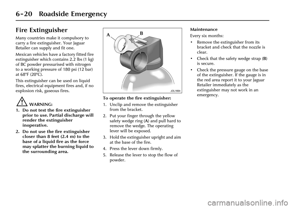 JAGUAR XJ 2004 X350 / 3.G Owners Manual 6 - 20 Roadside Emergency
Fire Extinguisher
Many countries make it compulsory to 
carry a fire extinguisher. Your Jaguar 
Retailer can supply and fit one.
Mexican vehicles have a factory fitted fire 
