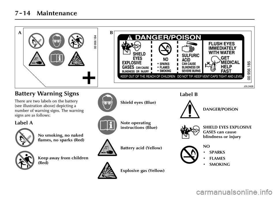 JAGUAR XJ 2004 X350 / 3.G Owners Manual 7-14 Maintenance
Battery Warning Signs
There are two labels on the battery
(see illustration above) depicting a
number of warning signs. The warning
signs are as follows:
Label A
No smoking, no nak JAGUAR XJ 2004 X350 / 3.G Owners Manual 7-14 Maintenance
Battery Warning Signs
There are two labels on the battery
(see illustration above) depicting a
number of warning signs. The warning
signs are as follows:
Label A
No smoking, no nak
