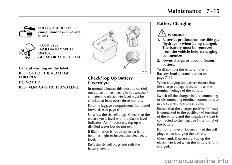 JAGUAR XJ 2004 X350 / 3.G Owners Manual Maintenance 7 - 15
Check/Top Up Battery 
Electrolyte
In normal climates this must be carried 
out at least once a year. In hot weather/
climates the electrolyte level must be 
checked at least every t